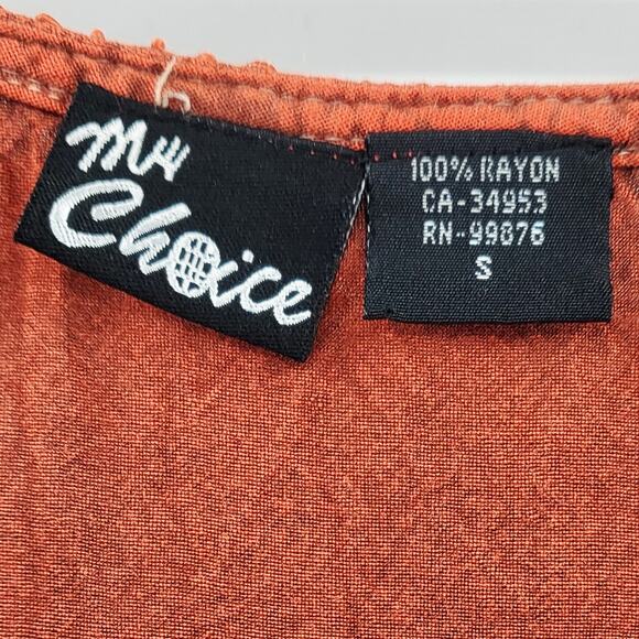 My Choice Burnt Orange Boho Embroidered Flowy Smocked Tunic Top Women’s Size S - Picture 4 of 5